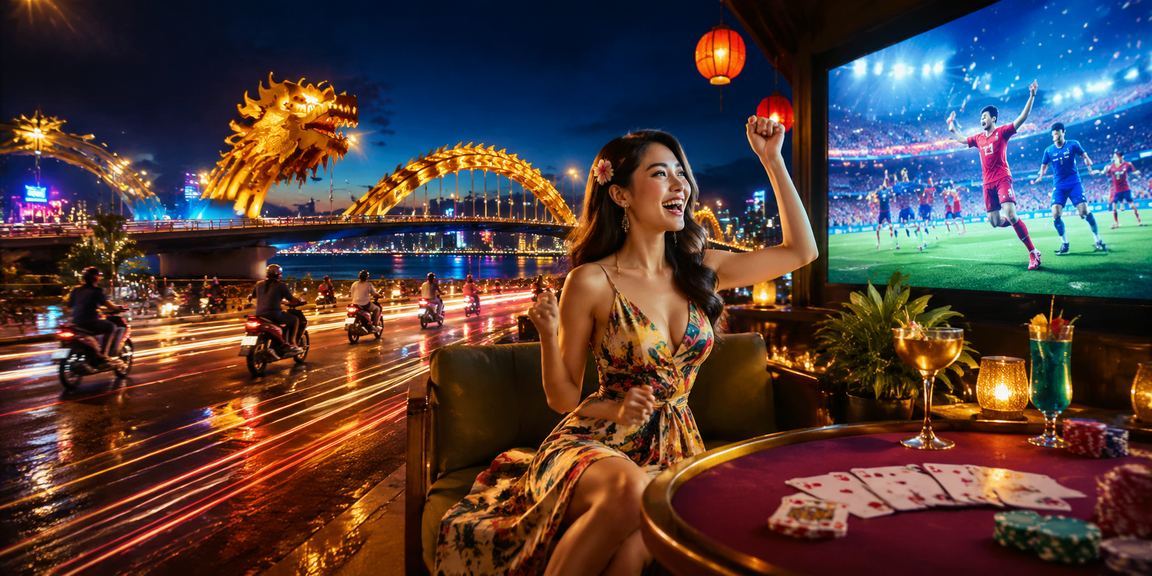 Màn hình neon hiển thị thông tin cá cược tại Đà Nẵng buổi tối