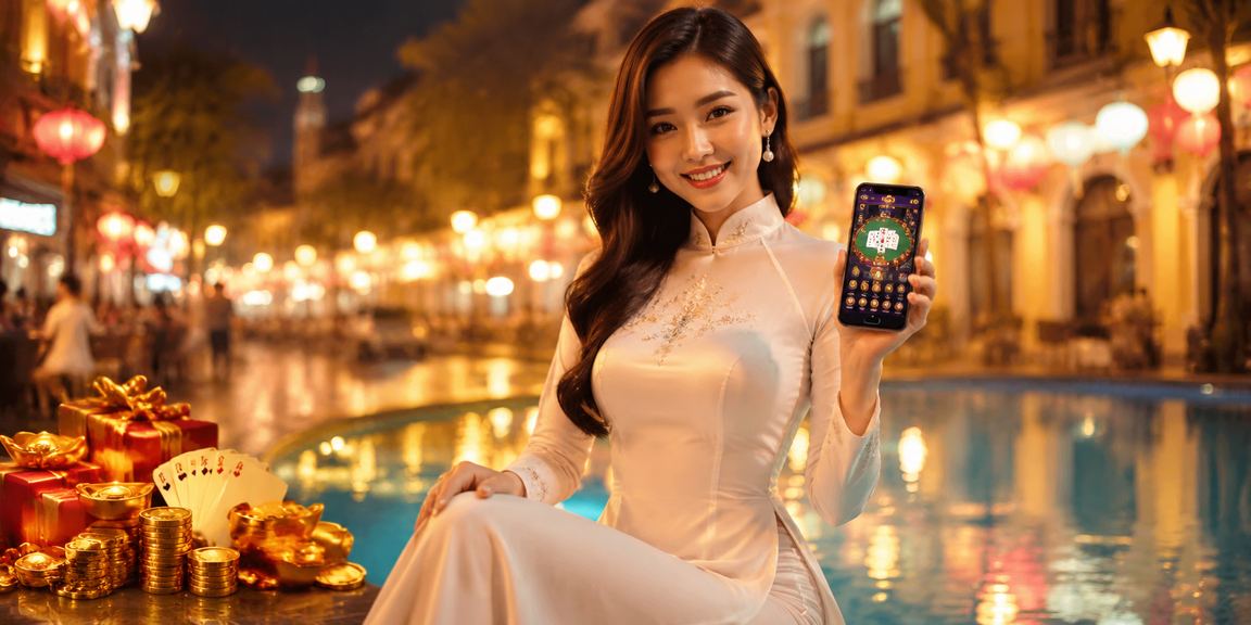 Người chơi Hà Nội mặc áo dài trải nghiệm game bài trực tuyến buổi tối